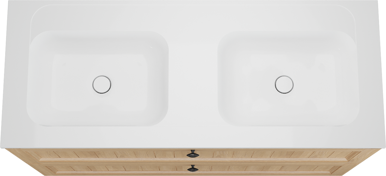 Balmani Lemon staand badkamermeubel 135 x 55 cm, fineer natuur eik met Tablo Strada dubbele wastafel in glanzend wit