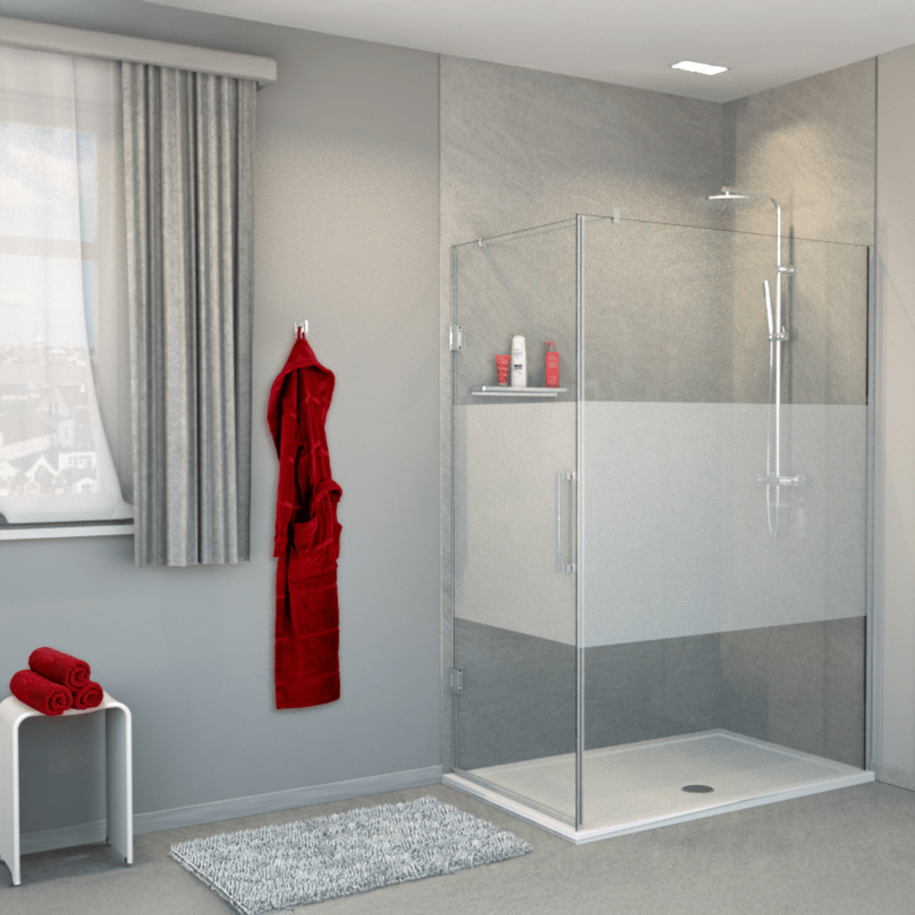 Balmani Modular douche de plain-pied avec porte gauche 140 x 200 cm verre transparent avec bande matte profil chrome brillant