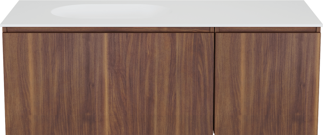 Balmani Sfera hängendes Möbelstück Set: 135 x 55 cm, Amerikanischer Nussbaum, mit Tablo Oval Waschtisch links, Solid Surface Weiß matt