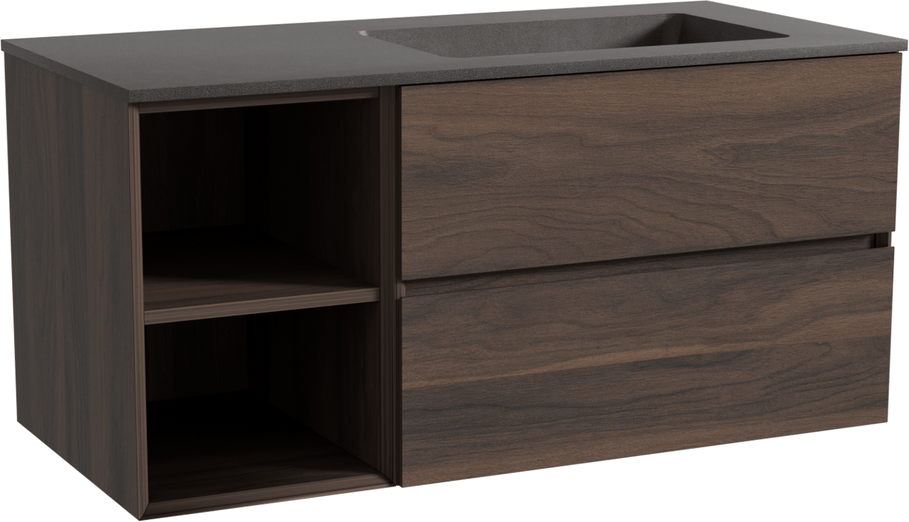 Storke Edge meuble salle de bains suspendu 110 x 52 cm noyer avec Scuro vasque asymétrique droite en quartz noir mat