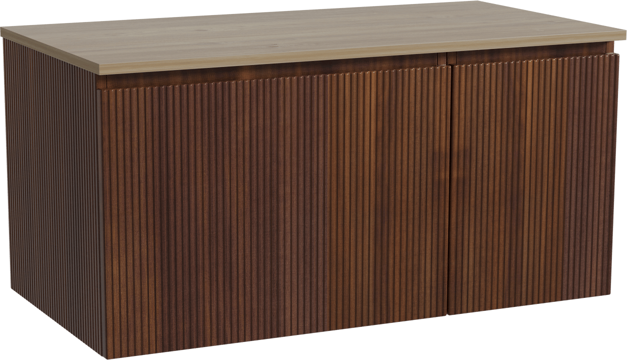 Storke Ribs zwevend badmeubel 100 x 52 cm notenhout met Panton enkel wastafelblad in melamine ruw eiken, Verticale symmetrische rechte ribbel
