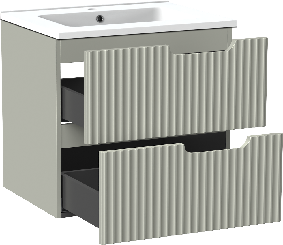 Linie Ribbo zwevend badkamermeubel 60 x 46 cm greige met Vano enkele wastafel in composietmarmer mat wit, Verticale symmetrische ronde ribbel