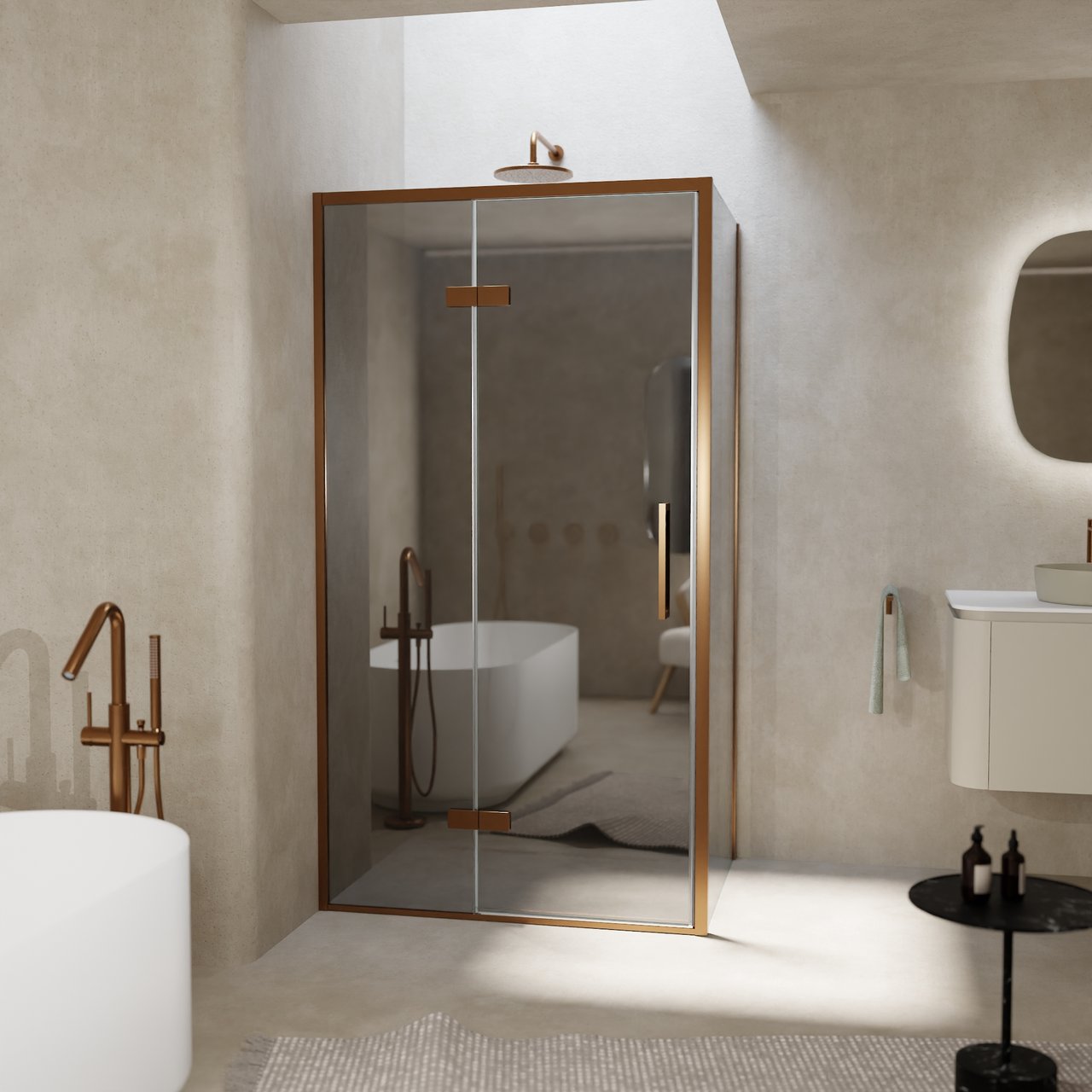 Balmani Senses Design douchehoek met linkse draaideur en vaste zijwand, 100 x 100 cm, Reflex spiegelglas, Brushed Rosegold profielen