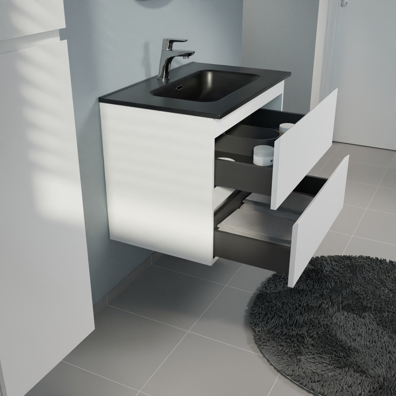 Linie Lado hängendes Möbelstück Set: 70 x 46 cm, Weiß matt, mit Baro Einzelwaschtisch, Porzellan Schwarz matt