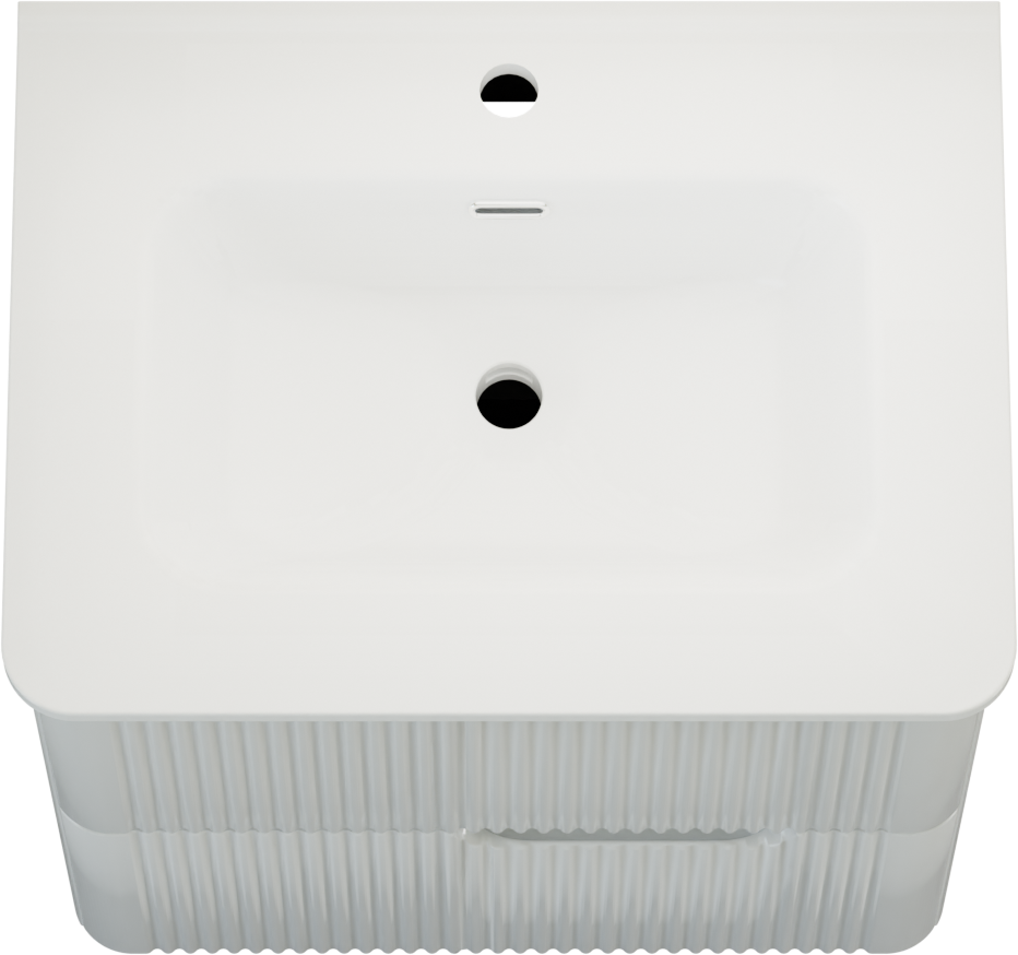 Linie Curvo zwevend badkamermeubel 60 x 46 cm glanzend wit met Baro Curvo enkele wastafel in porcelein glanzend wit, Verticale symmetrische ronde ribbel