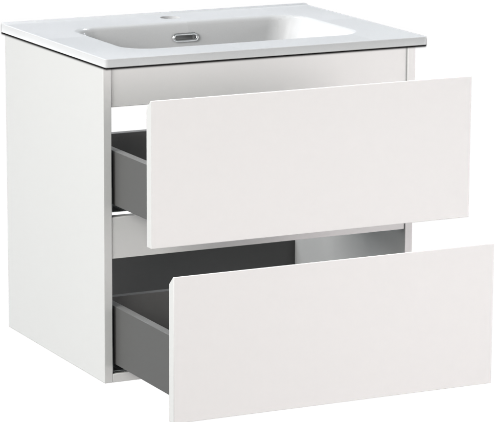 Linie Lado zwevend badkamermeubel 60 x 46 cm mat wit met Baro enkele wastafel in porselein glanzend wit