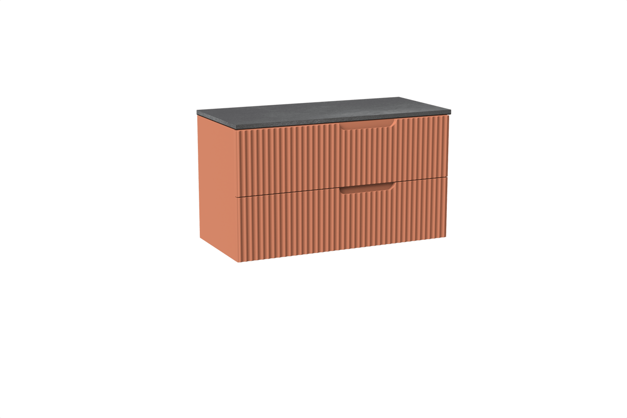 Linie Ribbo meuble salle de bains suspendu 100 x 46 cm cotto avec Lado tablette simple ou double en mélaminé ardoise gris, Nervure circulaire symétrique verticale