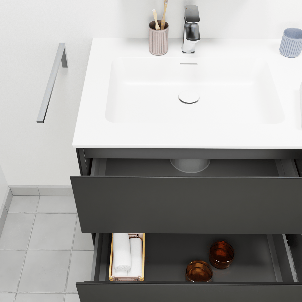 Storke Edge zwevend badmeubel 95 x 52 cm mat zwart met Mata enkele wastafel in solid surface mat wit