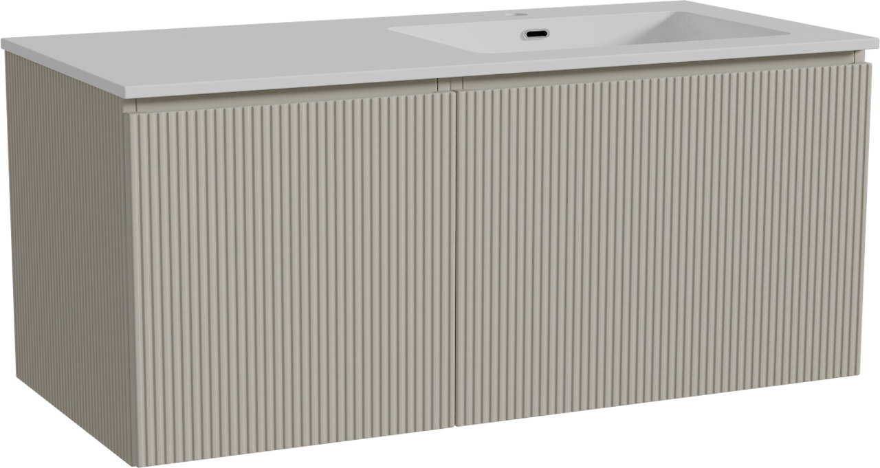 Storke Ribs zwevend badmeubel 110 x 52 cm zijdegrijs met Diva asymmetrisch rechtse wastafel in composietmarmer hoogglans wit, Verticale symmetrische rechte ribbel