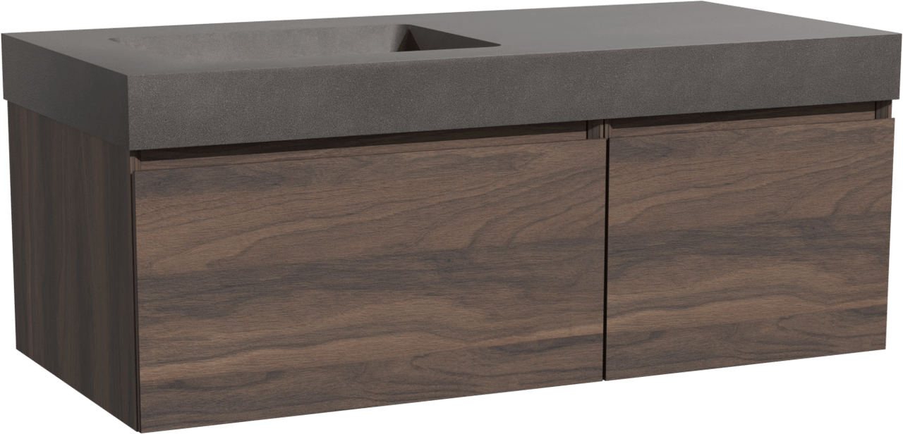 Storke Edge zwevend badmeubel 110 x 52 cm notenhout met Scuro High asymmetrisch linkse wastafel in kwarts mat zwart