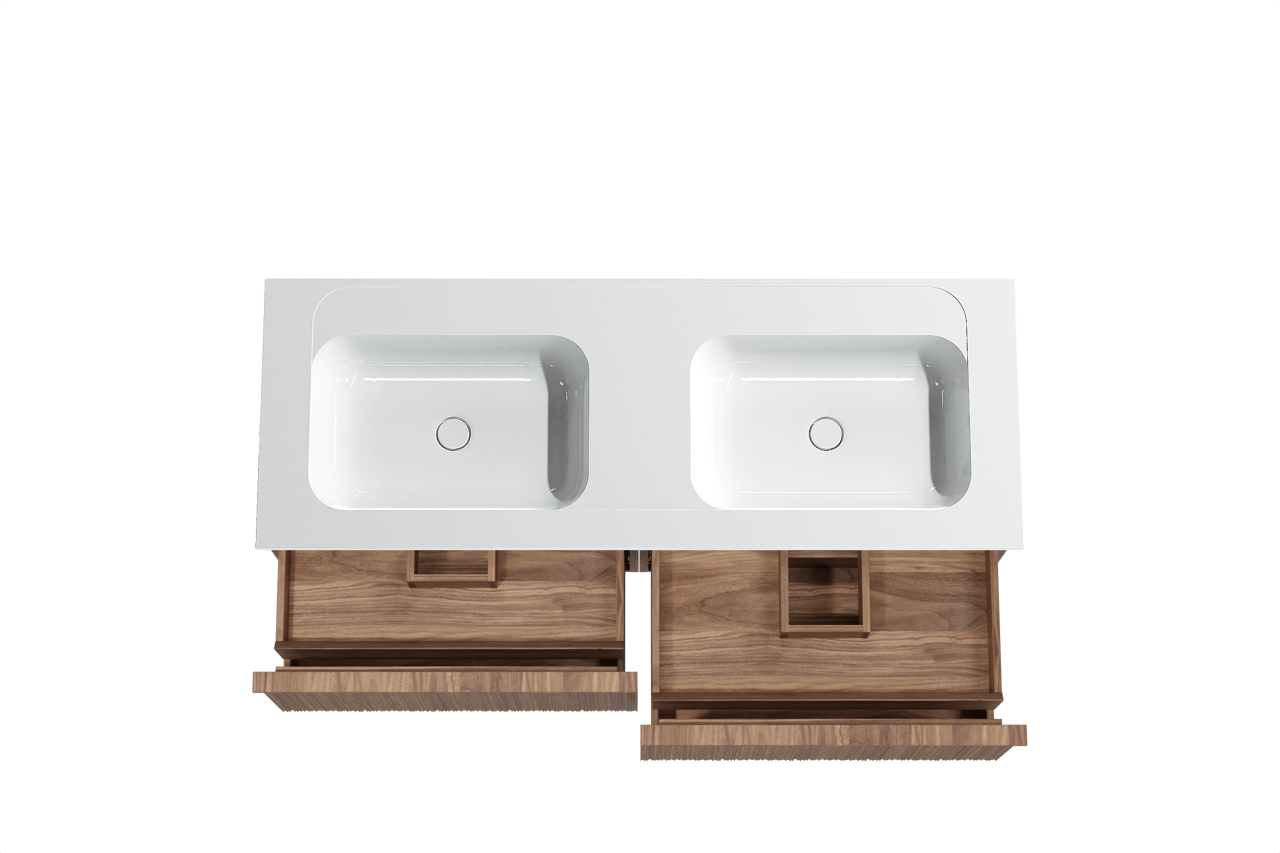 Balmani Forma meuble salle de bains suspendu 150 x 55 cm noyer américain avec Tablo Strada double vasque en marbre composite blanc brillant, Nervure circulaire asymétrique verticale