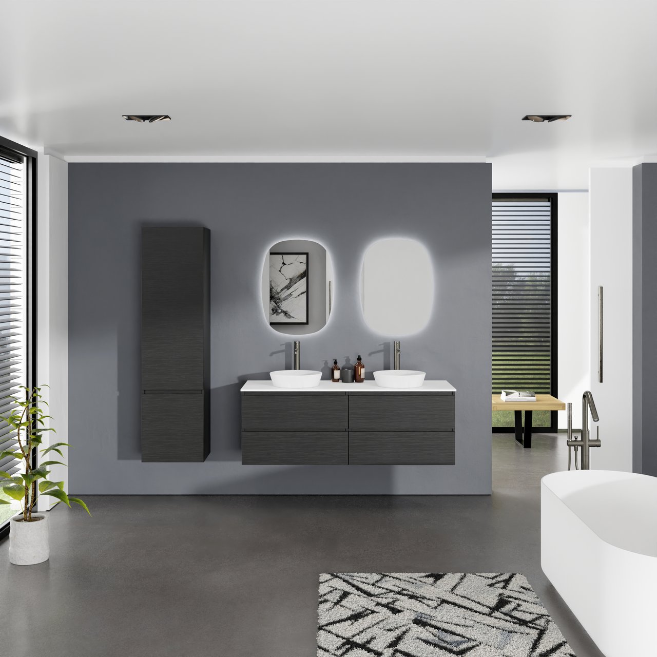 Balmani Lucida zwevend badkamermeubel 150 x 55 cm zwarte eik met Stretto enkel of dubbel tablet in solid surface mat wit