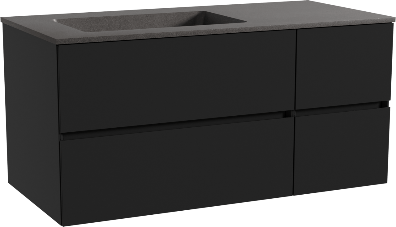 Storke Edge zwevend badkamermeubel 110 x 52 cm mat zwart met Scuro asymmetrisch linkse wastafel in kwarts mat zwart
