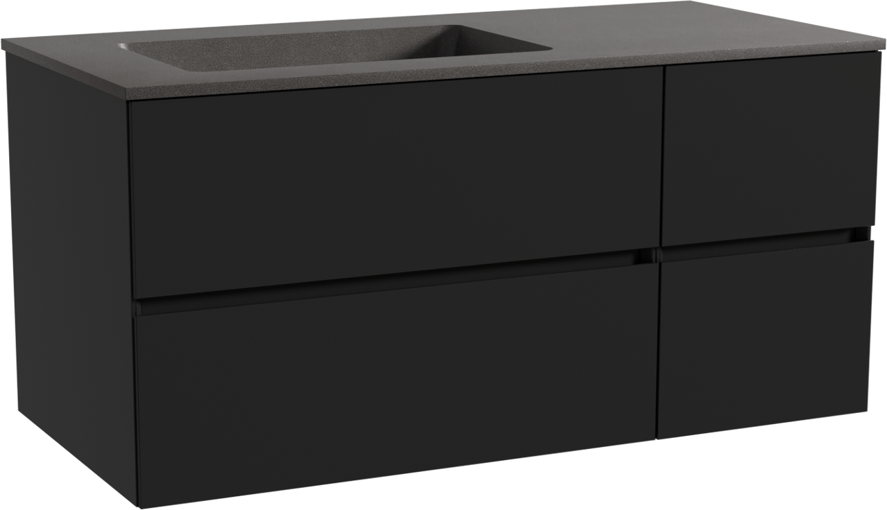 Storke Edge zwevend badmeubel 110 x 52 cm mat zwart met Scuro asymmetrisch linkse wastafel in kwarts mat zwart