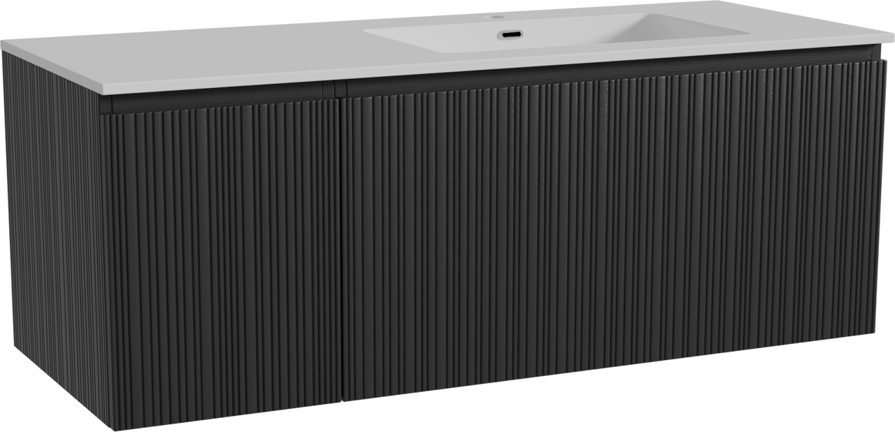 Storke Ribs zwevend badmeubel 130 x 52 cm zwart eiken met Diva asymmetrisch rechtse wastafel in composietmarmer hoogglans wit, Verticale asymmetrische rechte ribbel