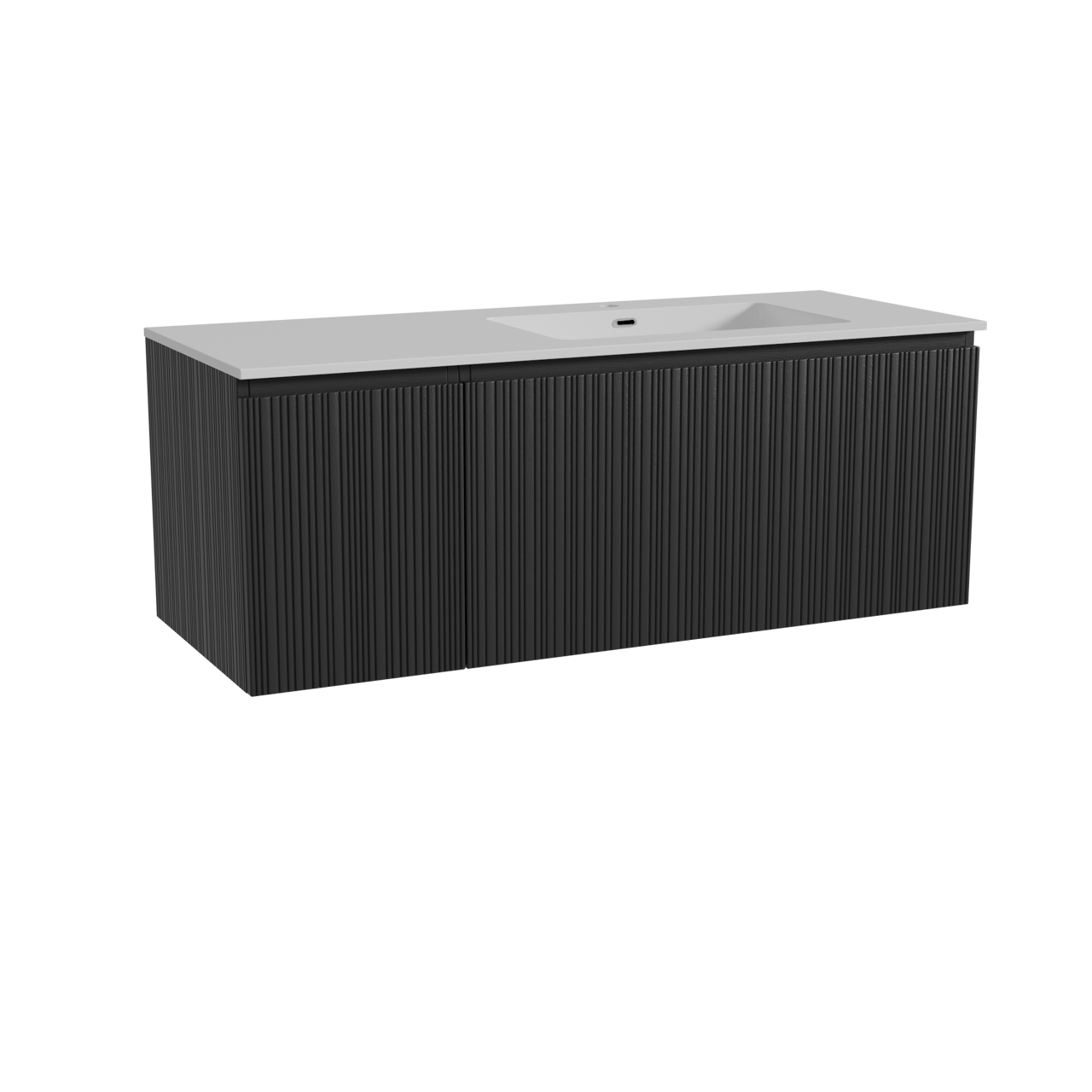 Storke Ribs meuble salle de bains suspendu 130 x 52 cm chêne noir avec Diva vasque asymétrique droite en marbre composite blanc brillant, Nervure droite asymétrique verticale