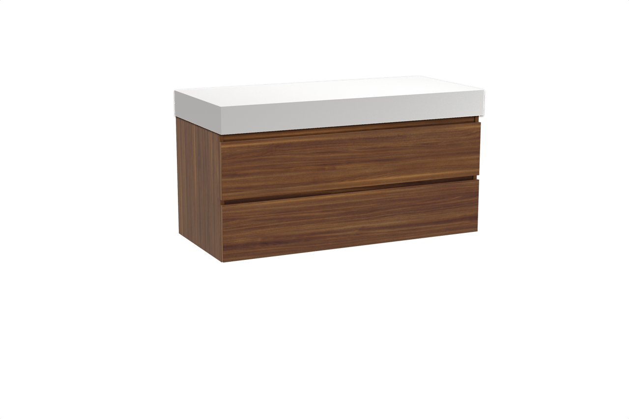 Balmani Lucida hängendes Möbelstück Set: 120 x 55 cm, Amerikanischer Nussbaum, mit Dominus Einzel- oder Doppel Waschtischplatte, Solid Surface Weiß matt