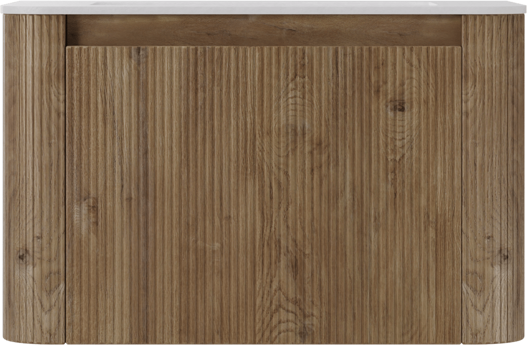 Storke Soft meuble salle de bains suspendu 80 x 46 cm chêne brut avec Mata Soft plan simple en Solid Surface blanc mat, Nervure droite symétrique verticale