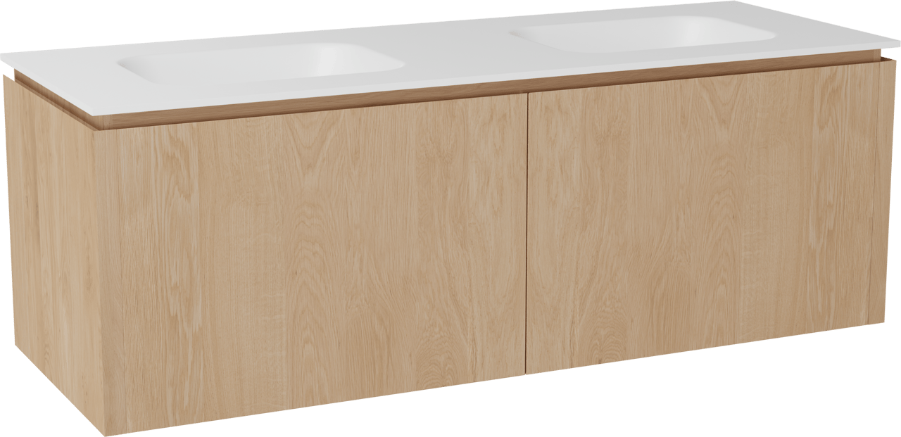 Balmani Eclips meuble salle de bains suspendu 150 x 55 cm Chêne naturelle avec Tablo Arcato double vasque en Solid Surface blanc mat