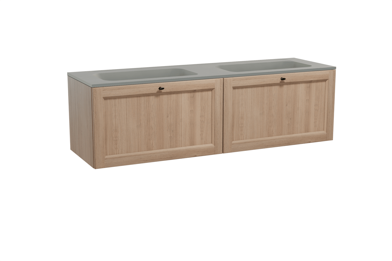 Balmani Lemon zwevend badmeubel 180 x 55 cm verweerd eiken met Tablo Strada dubbele wastafel in composietmarmer zijdegrijs