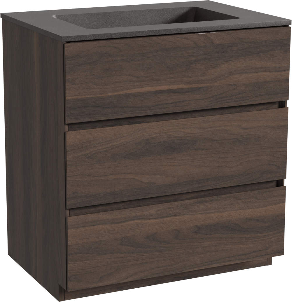 Storke Edge freistehendes Möbelstück Set: 75 x 52 cm, Nussbaum, mit Scuro Einzelwaschtisch, Quarz Schwarz matt