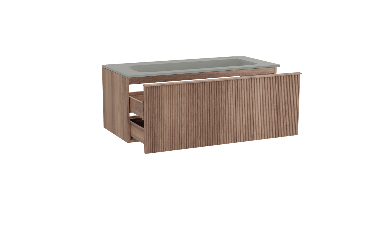 Balmani Forma meuble salle de bains suspendu 120 x 55 cm teck avec Tablo Strada plan simple pour 2 trous de robinet en marbre composite soie grise, Nervure droite symétrique verticale