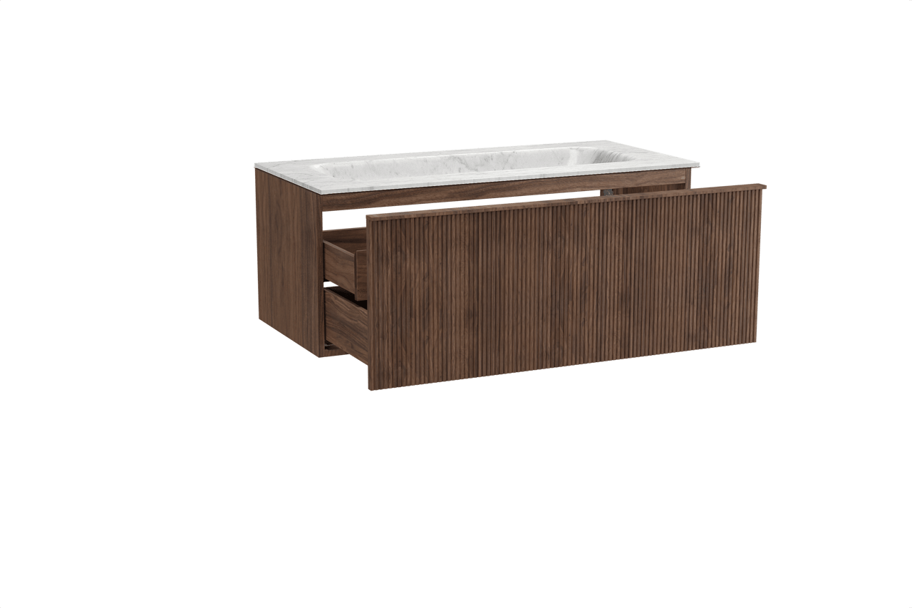 Balmani Forma hängendes Möbelstück Set: 120 x 55 cm, Amerikanischer Nussbaum, mit Tablo Arcato Einzelwaschtisch, Marmor, Carrara, Vertikale symmetrische gerade Rippe