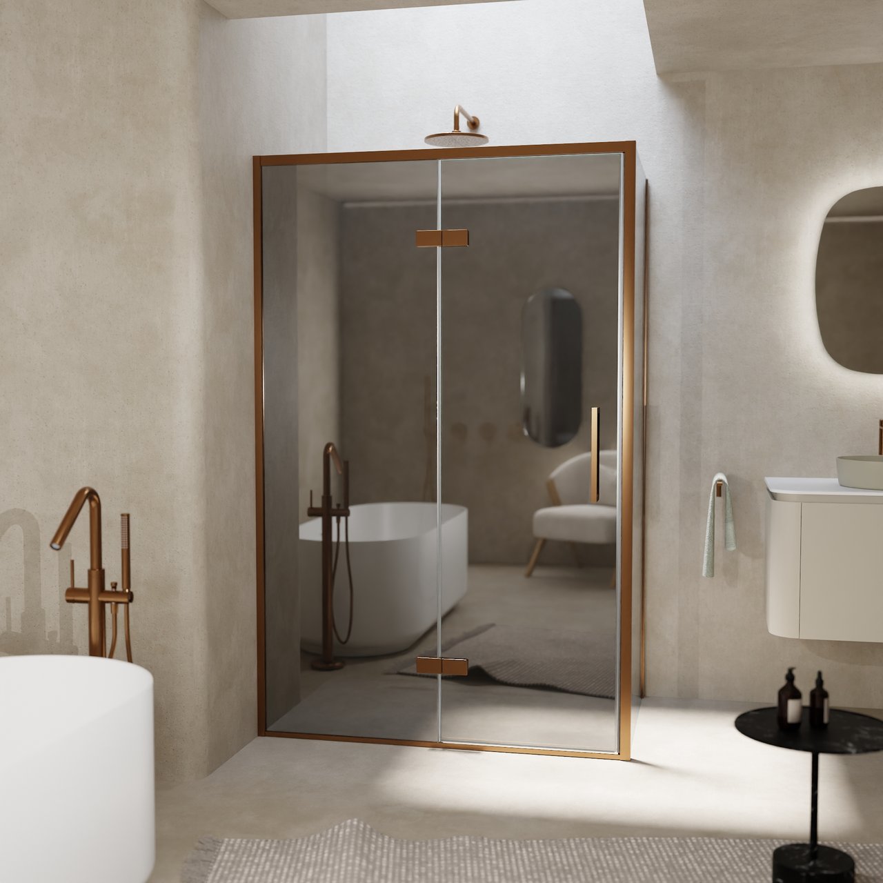 Balmani Senses Design douchehoek met linkse draaideur en vaste zijwand, 120 x 100 cm, Reflex spiegelglas, Brushed Rosegold profielen, met coating