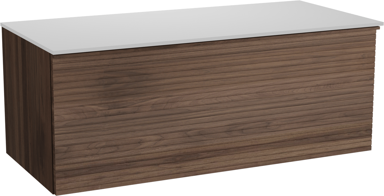 Balmani Forma hängendes Möbelstück Set: 120 x 55 cm, Amerikanischer Nussbaum, mit Stretto Einzel- oder Doppel Waschtischplatte, Solid Surface, Weiß matt, Horizontale symmetrische gerade Rippe