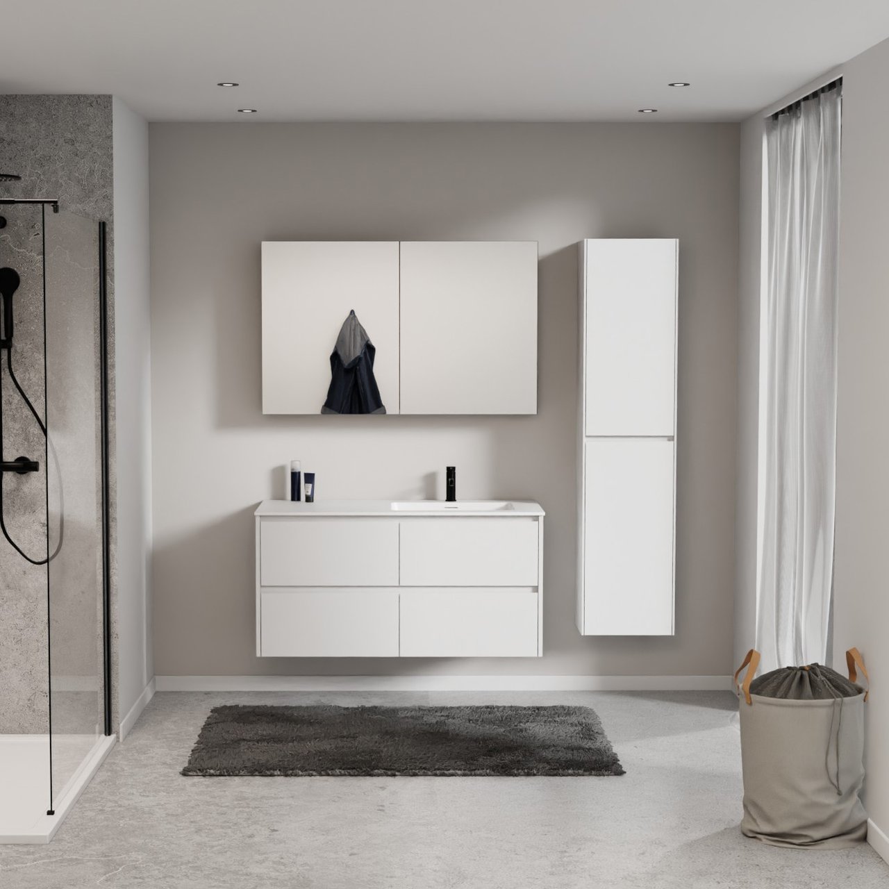 Storke Seda meuble salle de bains suspendu 120 x 52 cm blanc mat avec Mata vasque asymétrique droite en solid surface blanc mat