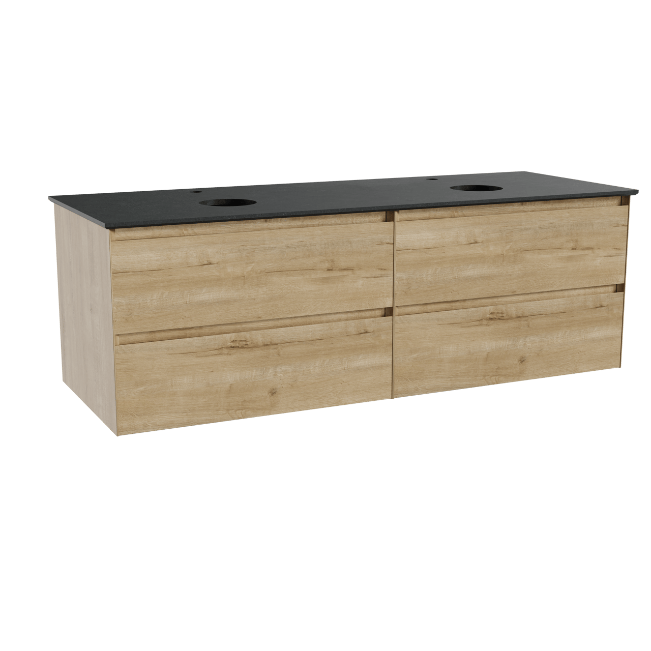 Balmani Mitra zwevend badkamermeubel 150 x 55 cm ruwe eik met Facetta dubbel tablet in graniet zwart