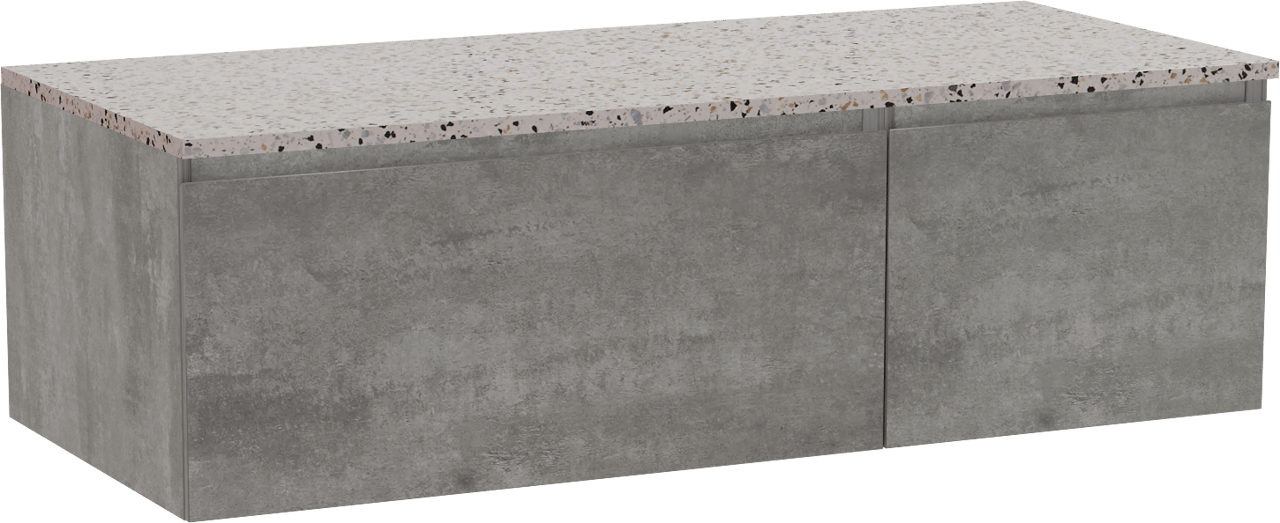 Storke Edge zwevend badkamermeubel 120 x 52 cm beton donkergrijs met Tavola enkel of dubbel tablet in mat wit/zwart terrazzo