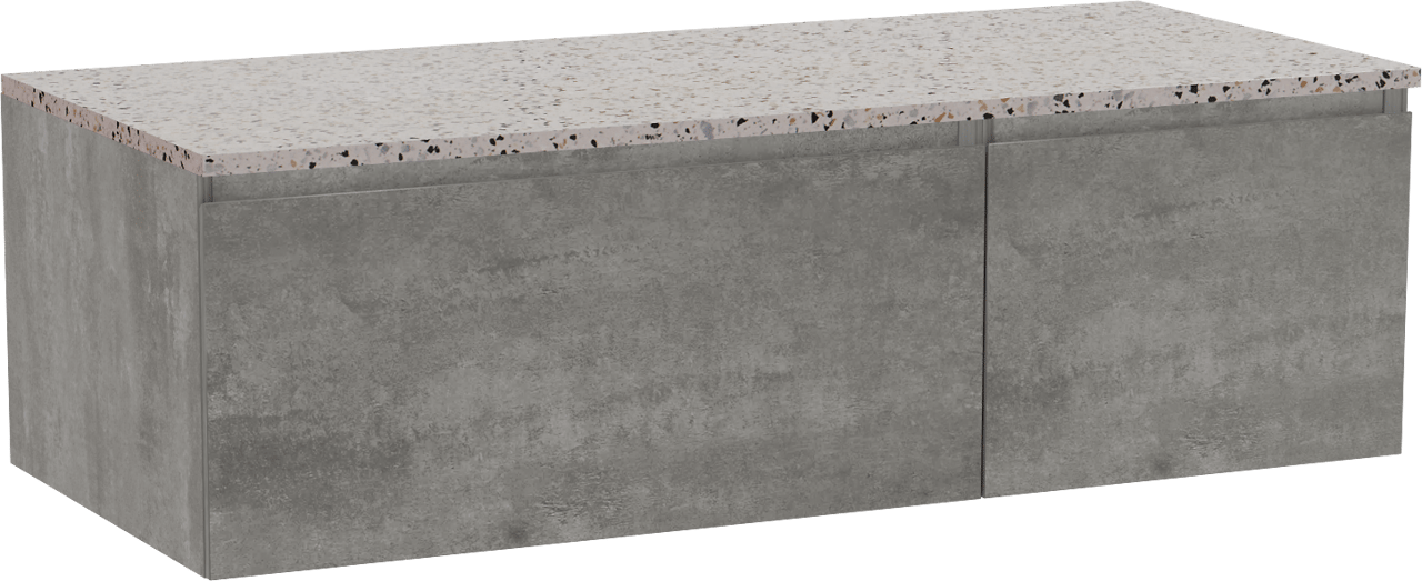 Storke Edge zwevend badmeubel 120 x 52 cm beton donkergrijs met Tavola enkel of dubbel wastafelblad in mat wit/zwart terrazzo