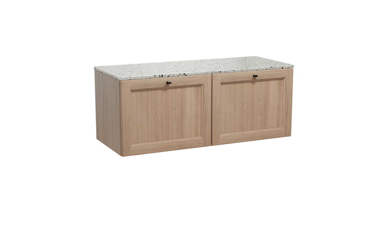 Balmani Lemon hängendes Möbelstück Set: 135 x 55 cm, Verwitterte Eiche, mit Stretto Einzel- oder Doppel Waschtischplatte, Terrazzo in Weiß/Schwarz matt