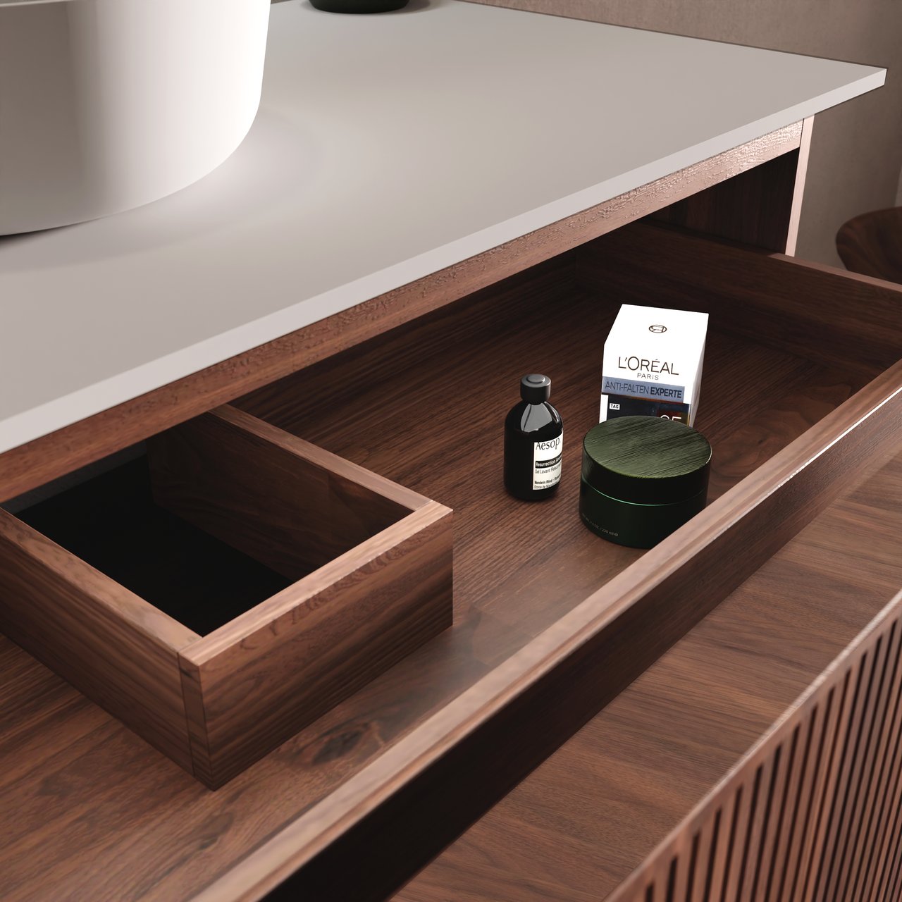 Balmani Forma meuble salle de bains suspendu 120 x 55 cm noyer américain avec Tablo Arcato lavabo simple pour 2 trous de robinet en granit noir, Nervure droite symétrique verticale