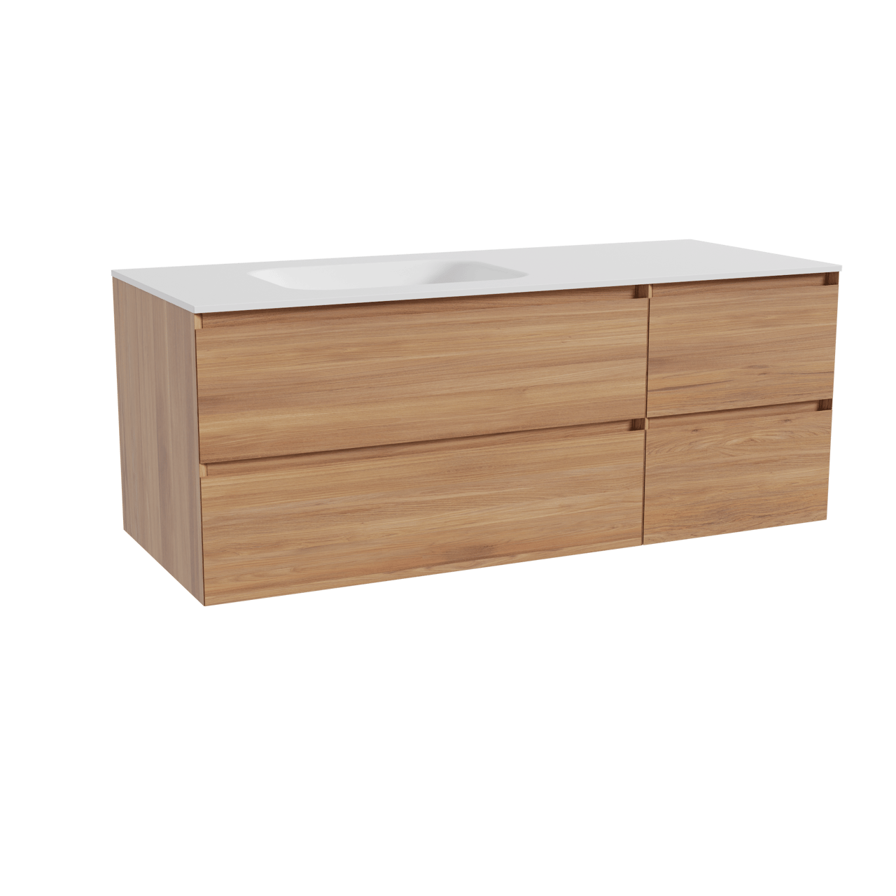 Balmani Mitra hängendes Möbelstück Set: 135 x 55 cm, Teak, mit Tablo Arcato Waschtisch links, Solid Surface Weiß matt