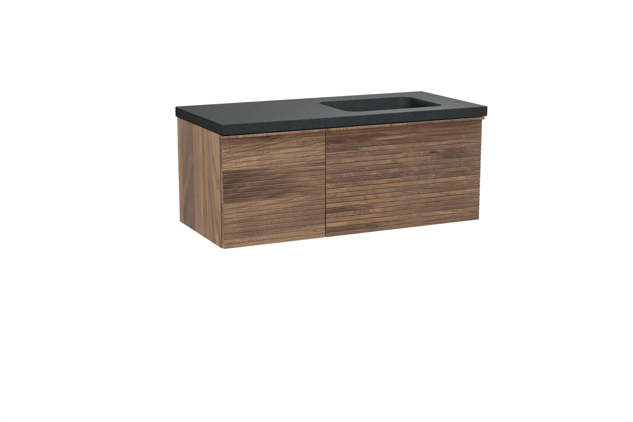 Balmani Forma hängendes Möbelstück Set: 120 x 55 cm, Amerikanischer Nussbaum, mit Napoli Waschtisch rechts, Granit, Schwarzes Granit, Horizontale symmetrische gerade Rippe