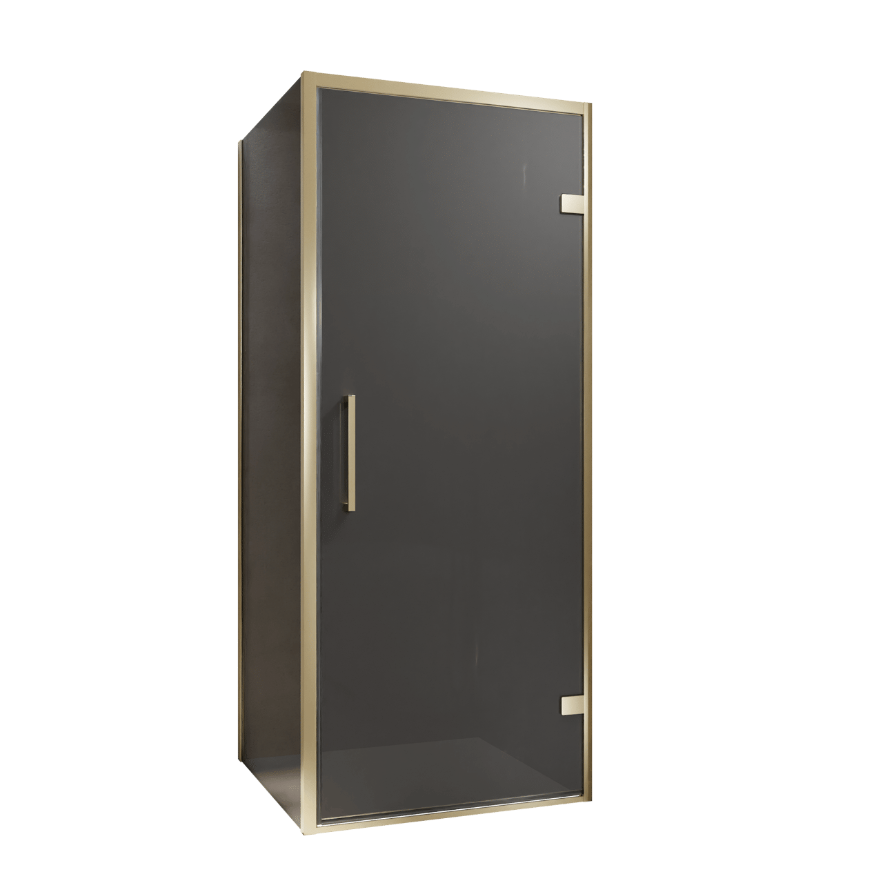 Balmani Senses Design douchecabine met rechtse draaideur en vaste zijwand, 90 x 80 cm, Rookglas, Brushed Champagne Gold profielen