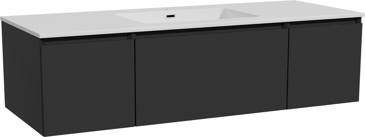 Storke Edge hängendes Möbelstück Set: 135 x 52 cm, Schwarz matt, mit Diva Einzelwaschtisch, Marmorkomposit Weiß glänzend