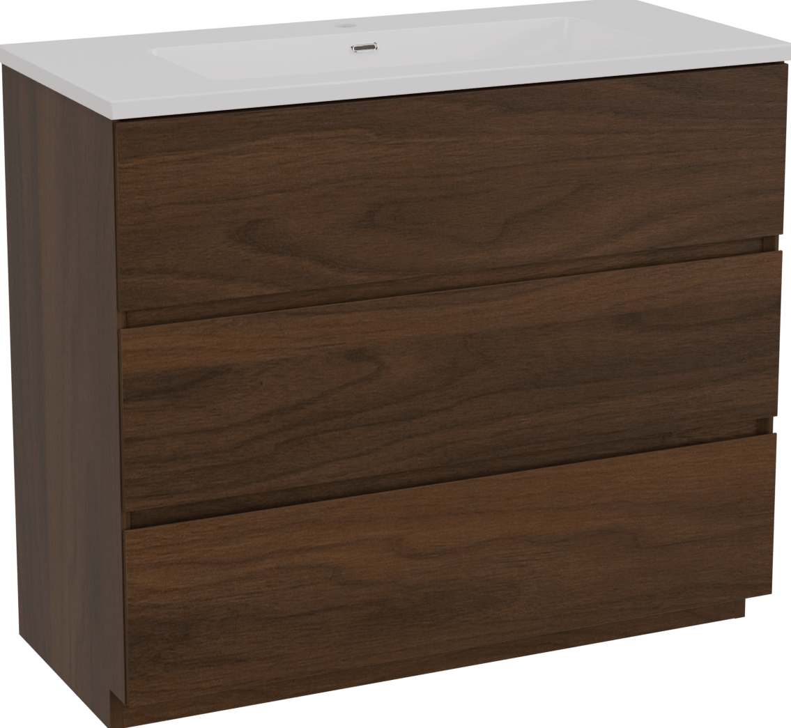 Storke Edge freistehendes Möbelstück Set: 100 x 46 cm, Nussbaum, mit Diva Einzelwaschtisch, Marmorkomposit Weiß glänzend