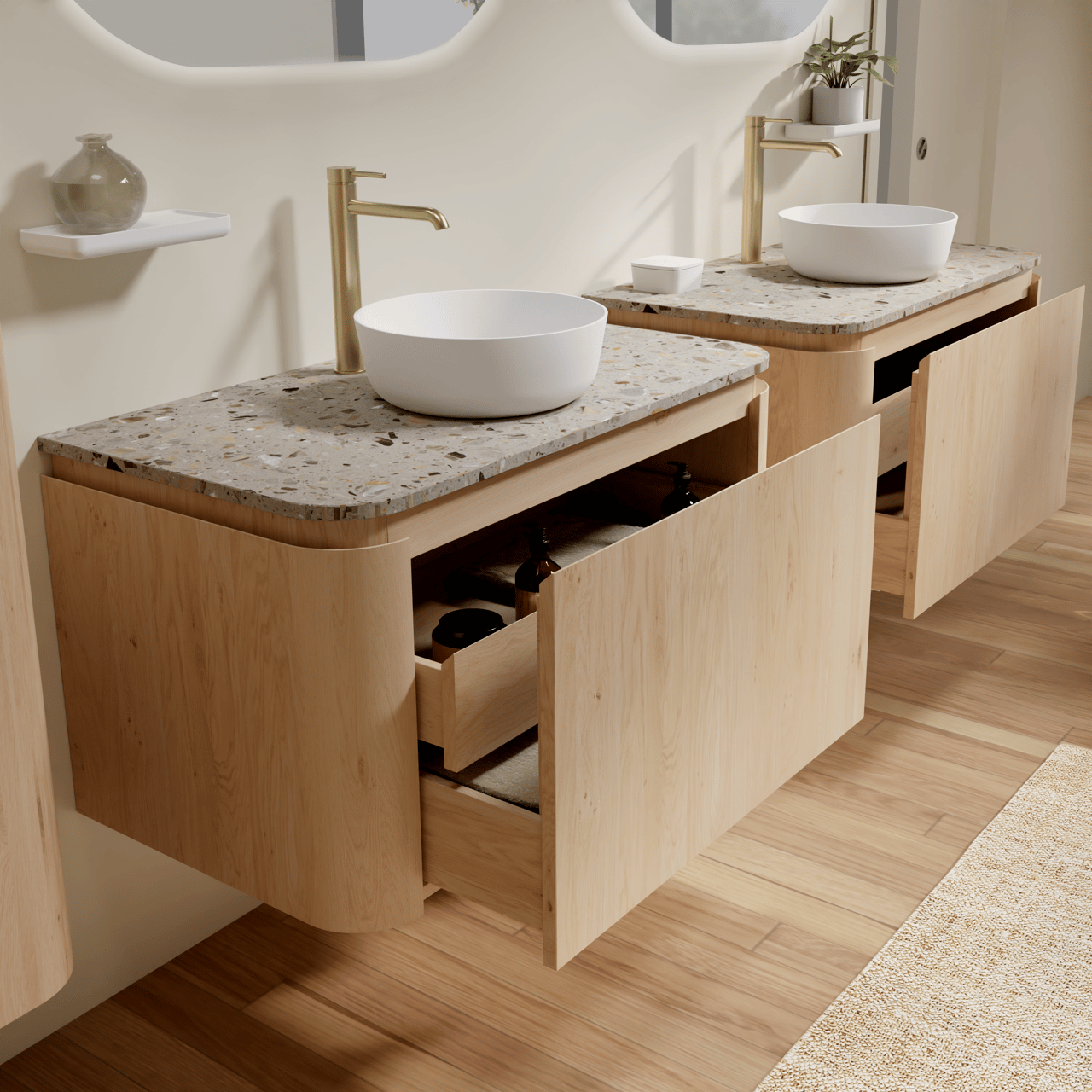 Balmani Moon zwevend badmeubel 100 x 55 cm naturel eiken met Moon enkel wastafelblad in terrazzo greige terrazzo