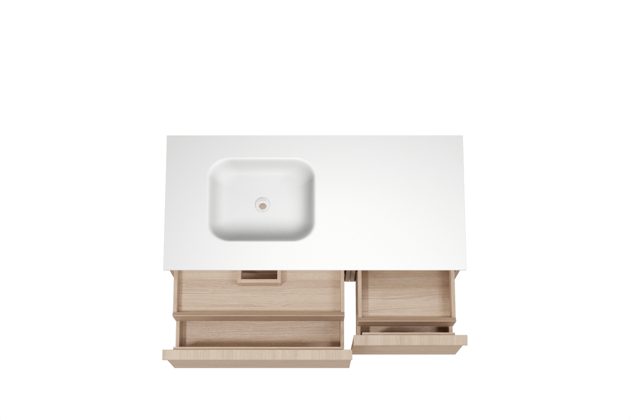 Balmani Forma meuble salle de bains suspendu 120 x 55 cm chêne naturel avec Tablo Arcato vasque asymétrique gauche en solid surface blanc mat, Nervure droite symétrique horizontale