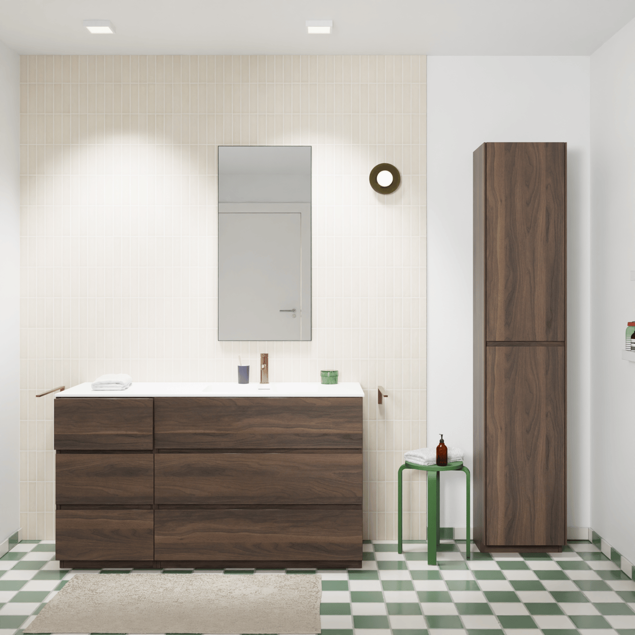 Storke Edge staand badmeubel 140 x 52 cm notenhout met Mata asymmetrisch rechtse wastafel in solid surface mat wit