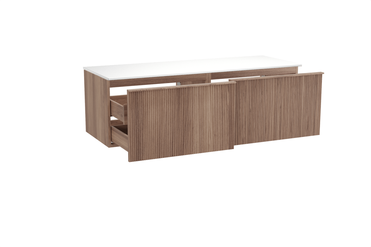 Balmani Forma meuble salle de bains suspendu 150 x 55 cm teck avec Stretto tablette simple ou double en solid surface blanc mat, Nervure droite symétrique verticale