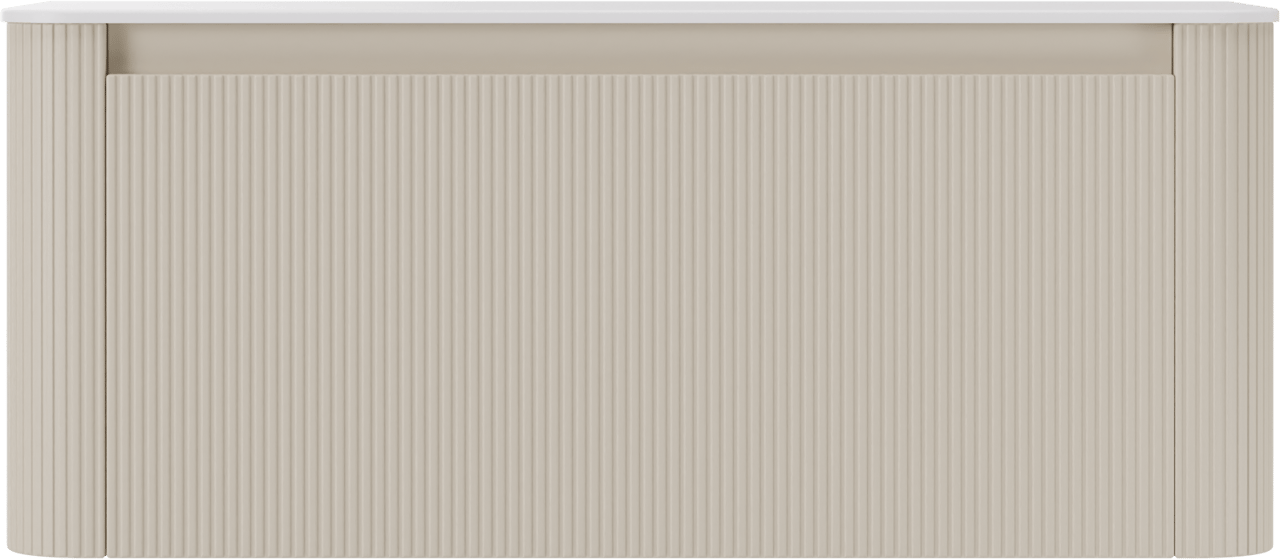 Storke Soft zwevend badkamermeubel 120 x 46 cm Sand mat met Tavola Soft enkele of dubbele tablet in solid surface mat wit, Verticale symmetrische rechte ribbel