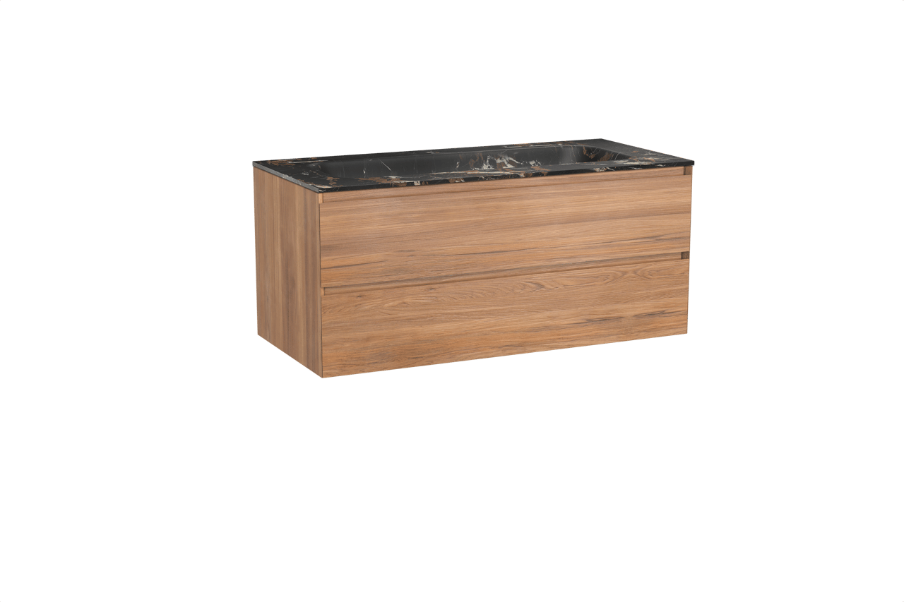 Balmani Mitra meuble salle de bains suspendu 120 x 55 cm teck avec Tablo Arcato lavabo simple pour 2 trous de robinet en marbre portoro gold