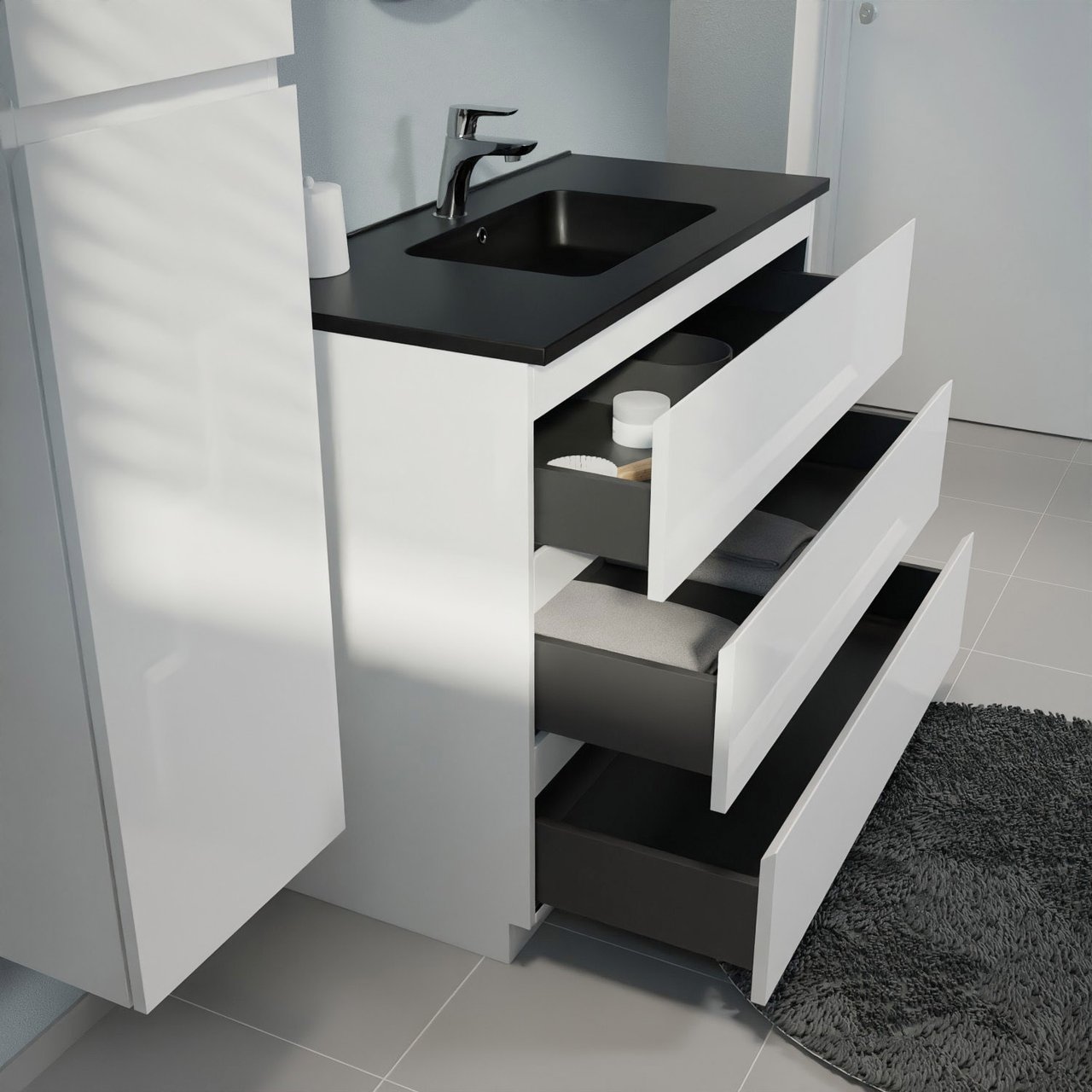 Linie Lado freistehendes Möbelstück Set: 100 x 46 cm, Weiß matt, mit Vano Einzelwaschtisch, Marmorkomposit Schwarz matt