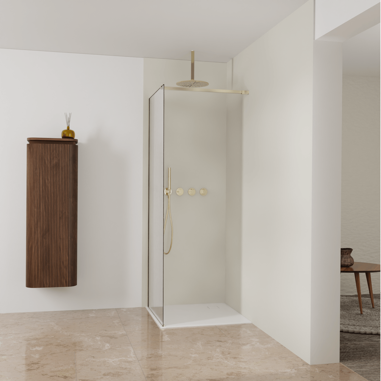 Balmani Modular Walk-In Dusche: 80 x 200 cm, Ribs, inklusive Coating, Profil Brushed Champagne Gold