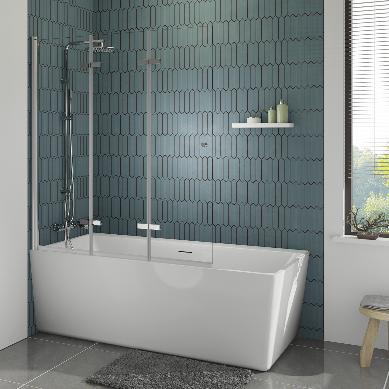 Luca Varess Kuresa dreiteilige zusammenklappbare Badewannenabtrennung 140 cm, Klarglas, Chrom Profil