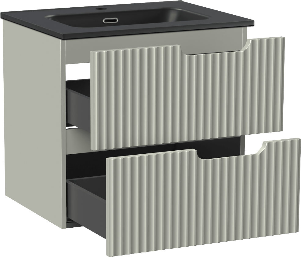 Linie Ribbo meuble salle de bains suspendu 60 x 46 cm greige avec Baro plan simple en porcelaine noir mat, Nervure circulaire symétrique verticale